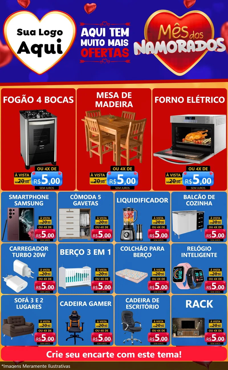 Modelo de Encarte para Encarte Grande com o tema Mês dos Namorados para Móveis e Eletro