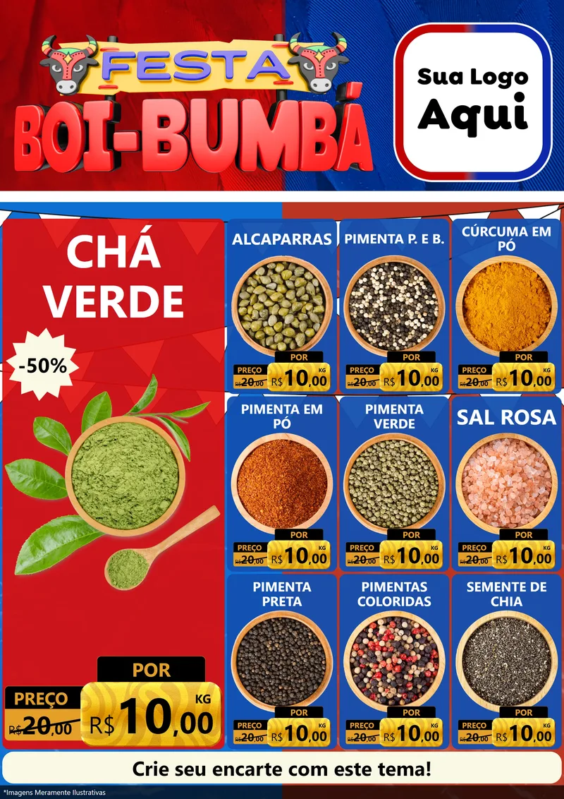 Modelo de Encarte para Encarte A4 Vertical com o tema Festa Boi Bumbá para Produtos Naturais
