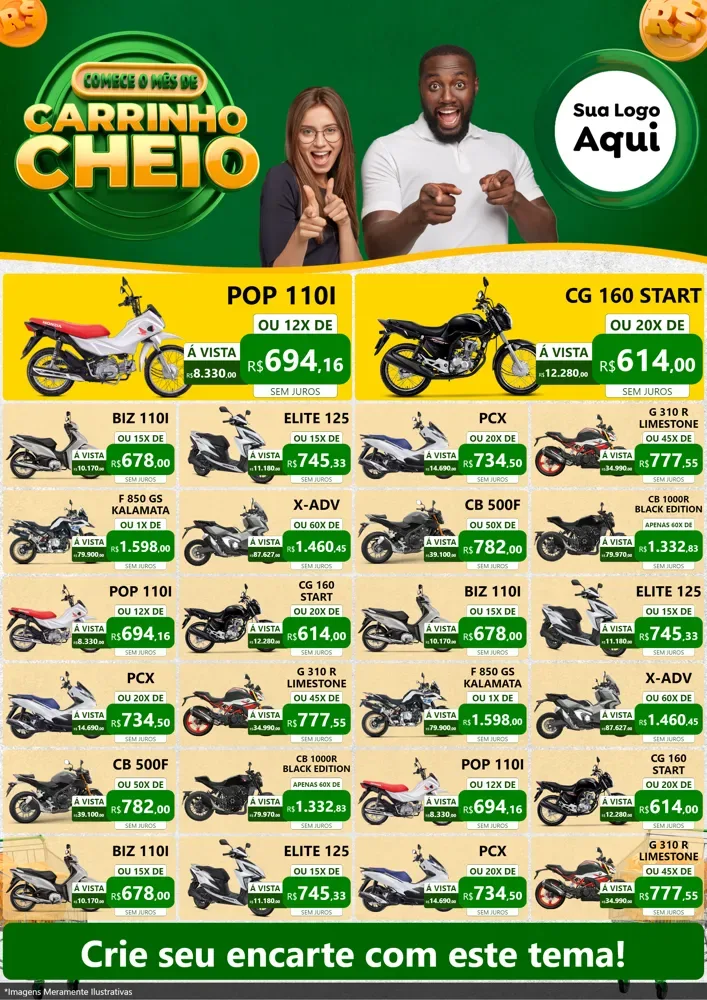 Modelo de Encarte para Encarte A4 Vertical com o tema Carrinho Cheio para Concessionaria de Motos