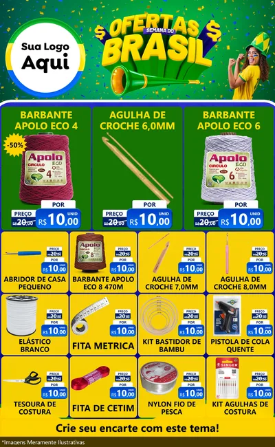 Modelo de Encarte para Encarte Grande com o tema Ofertas Semana do Brasil para Armarinho e Aviamentos