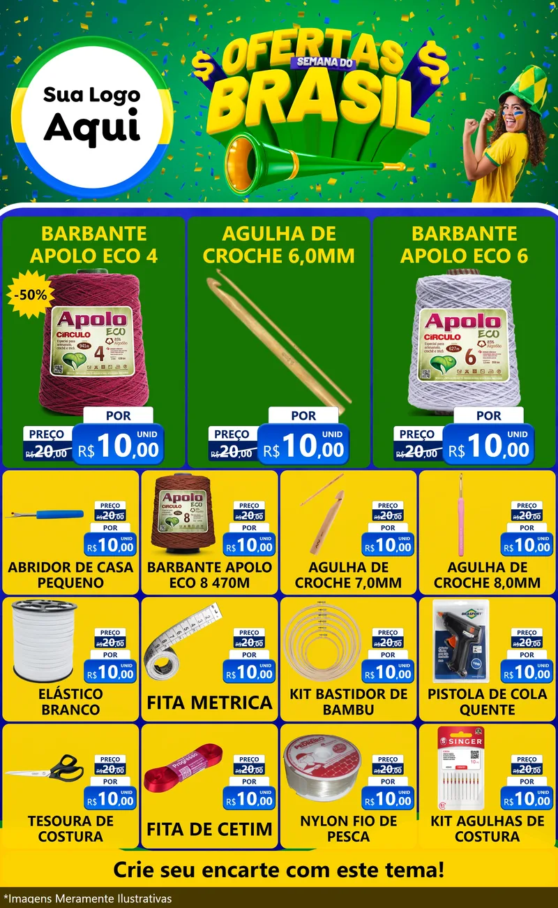 Modelo de Encarte para Encarte Grande com o tema Ofertas Semana do Brasil para Armarinho e Aviamentos