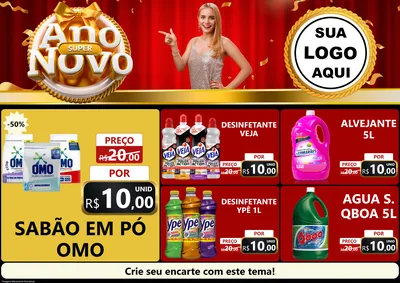Modelo de Encarte para Encarte A4 Horizontal com o tema Super Ano Novo para Produtos de Limpeza