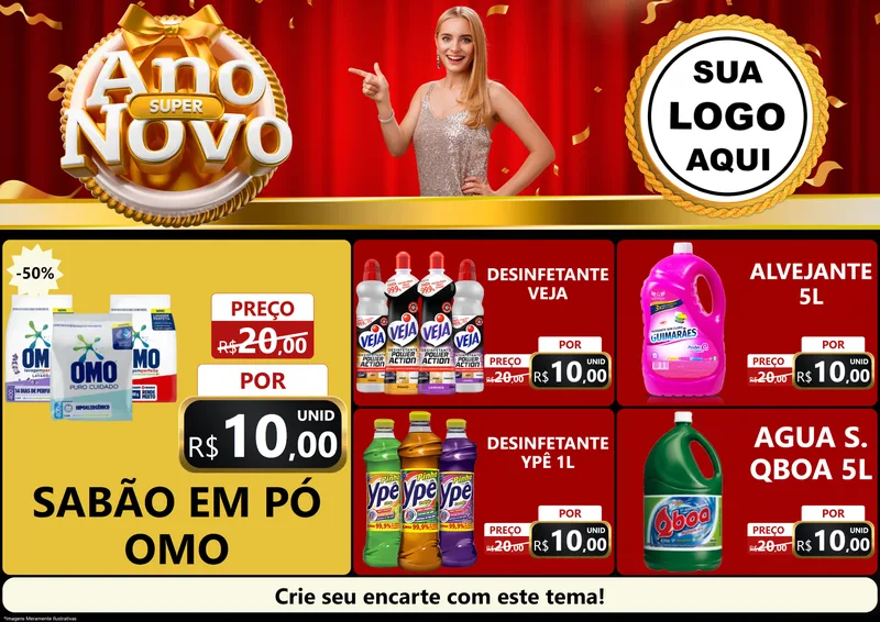 Modelo de Encarte para Encarte A4 Horizontal com o tema Super Ano Novo para Produtos de Limpeza