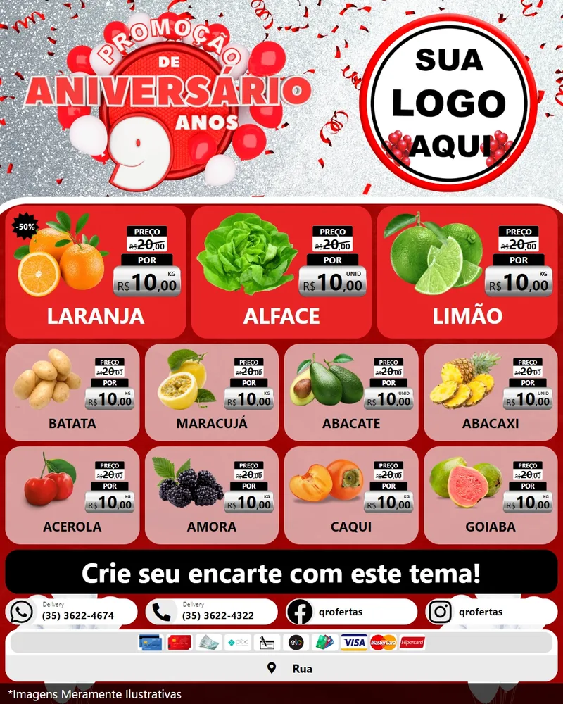Modelo de Rede Social para Feed Instagram com o tema Promoção de Aniversário - 9 Anos para Hortifrúti
