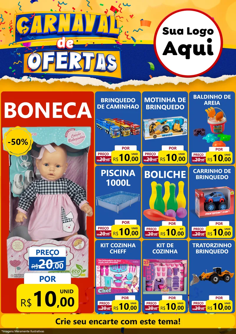 Modelo de Encarte para Encarte A4 Vertical com o tema Carnaval de Ofertas para Brinquedos