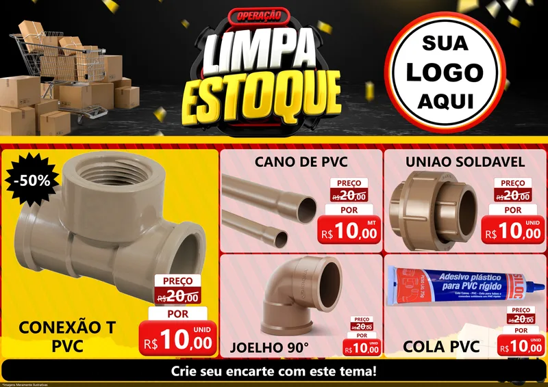 Modelo de Encarte para Encarte A4 Horizontal com o tema Operação Limpa Estoque para Tubos e conexões