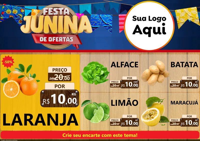 Modelo de Encarte para Encarte A4 Horizontal com o tema Festa Junina de Ofertas para Hortifrúti