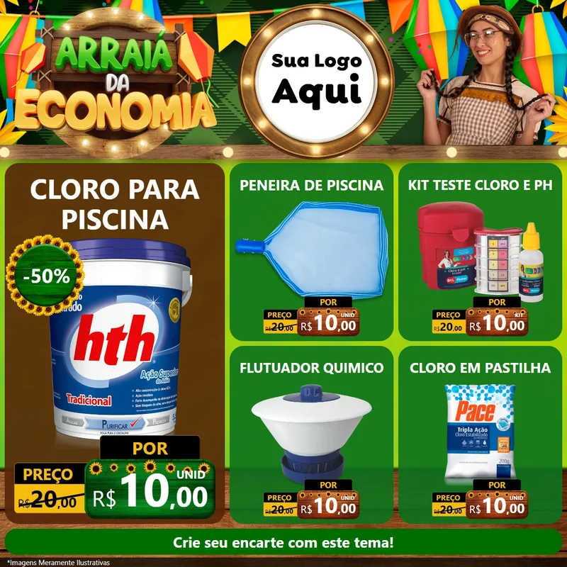 Modelo de Rede Social para Feed Facebook com o tema Arraiá de Economia para Produtos para Piscina