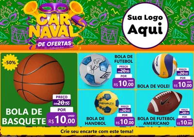 Modelo de Encarte para Encarte A4 Horizontal com o tema Carnaval de Ofertas para Artigos Esportivos