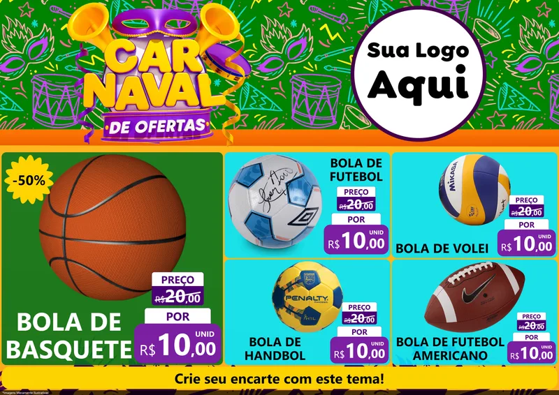 Modelo de Encarte para Encarte A4 Horizontal com o tema Carnaval de Ofertas para Artigos Esportivos