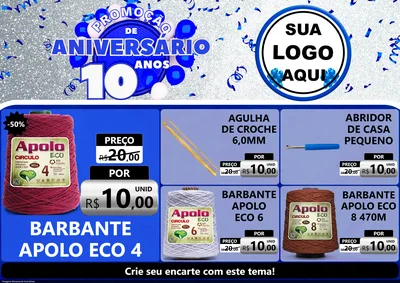 Modelo de Encarte para Encarte A4 Horizontal com o tema Promoção de Aniversário - 10 Anos para Armarinho e Aviamentos