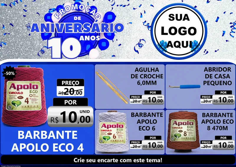 Modelo de Encarte para Encarte A4 Horizontal com o tema Promoção de Aniversário - 10 Anos para Armarinho e Aviamentos