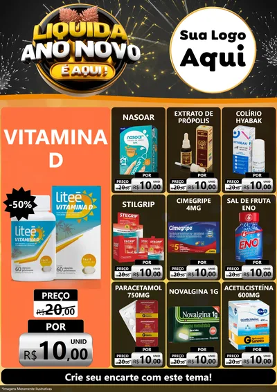 Modelo de Encarte para Encarte A4 Vertical com o tema Liquida Ano Novo É Aqui! para Farmácia