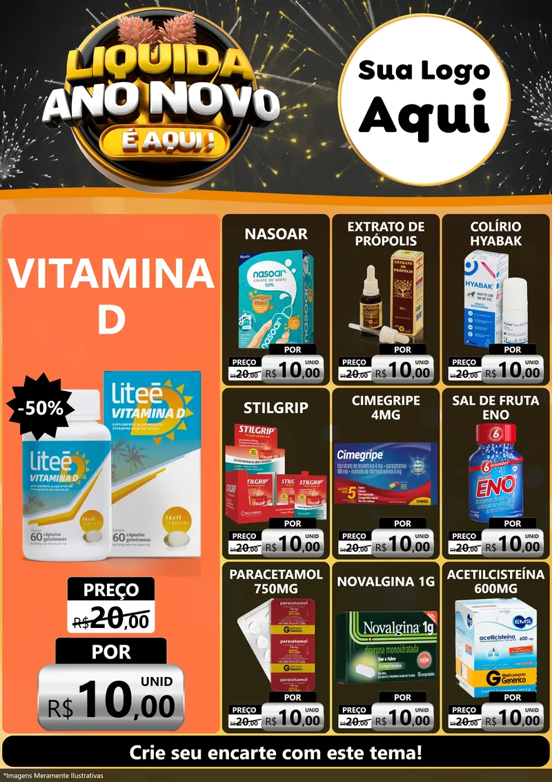 Modelo de Encarte para Encarte A4 Vertical com o tema Liquida Ano Novo É Aqui! para Farmácia