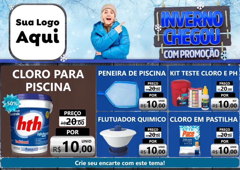Modelo de Encarte para Encarte A4 Horizontal com o tema Inverno Chegou Com Promoção para Produtos para Piscina