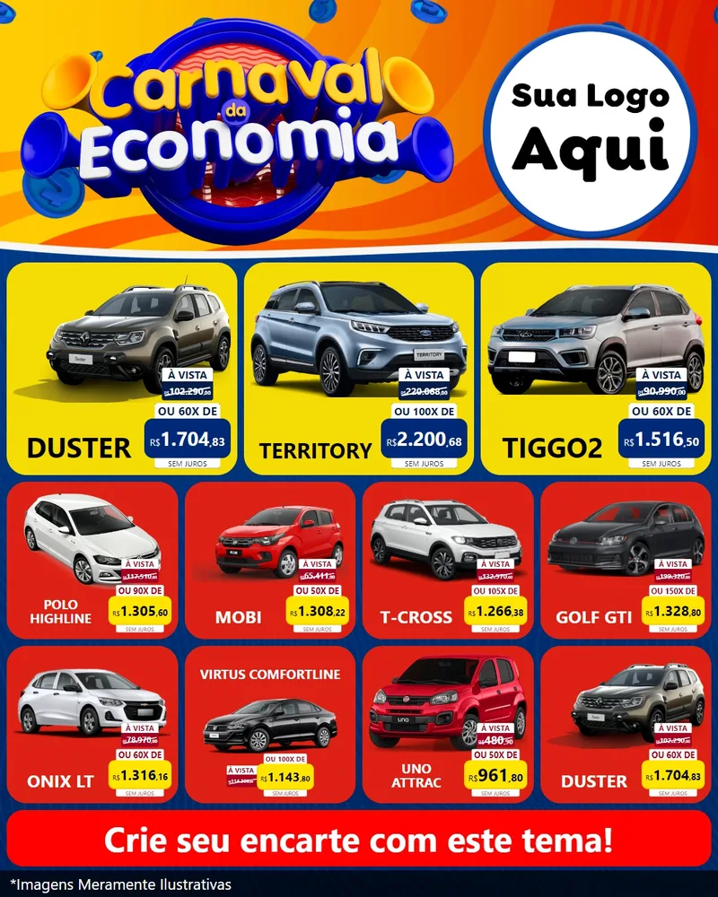 Modelo de Rede Social para Feed Instagram com o tema Carnaval da Economia para Concessionaria de Carros