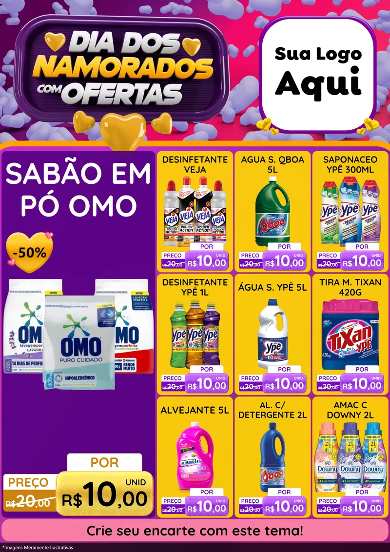 Modelo de Encarte para Encarte A4 Vertical com o tema Dia Dos Namorados Com Ofertas para Produtos de Limpeza