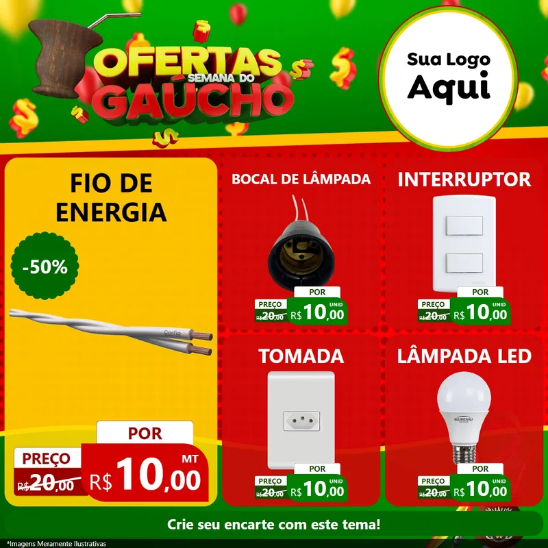 Modelo de Rede Social para Feed Facebook com o tema Ofertas Semana Do Gaúcho para Materiais Elétricos