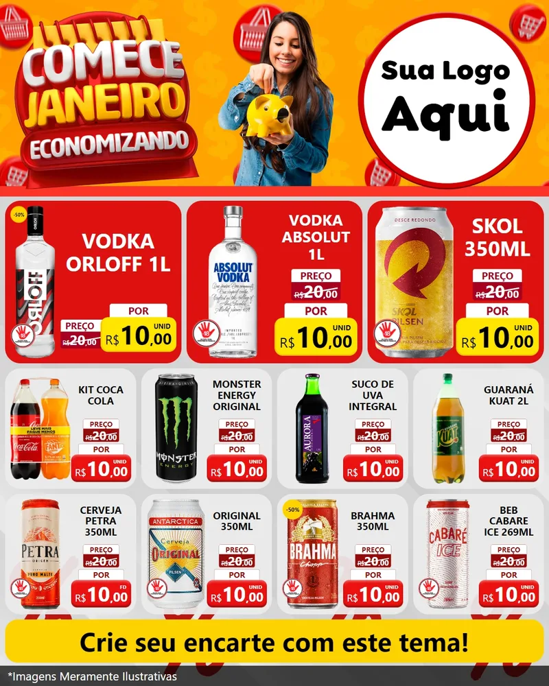 Modelo de Rede Social para Feed Instagram com o tema Comece Janeiro Economizando para Distribuidora de bebidas