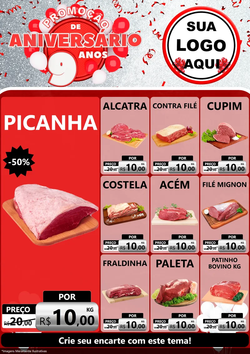 Modelo de Encarte para Encarte A4 Vertical com o tema Promoção de Aniversário - 9 Anos para Açougue