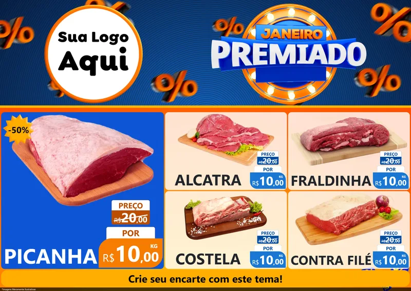 Modelo de Encarte para Encarte A4 Horizontal com o tema Janeiro Premiado para Açougue