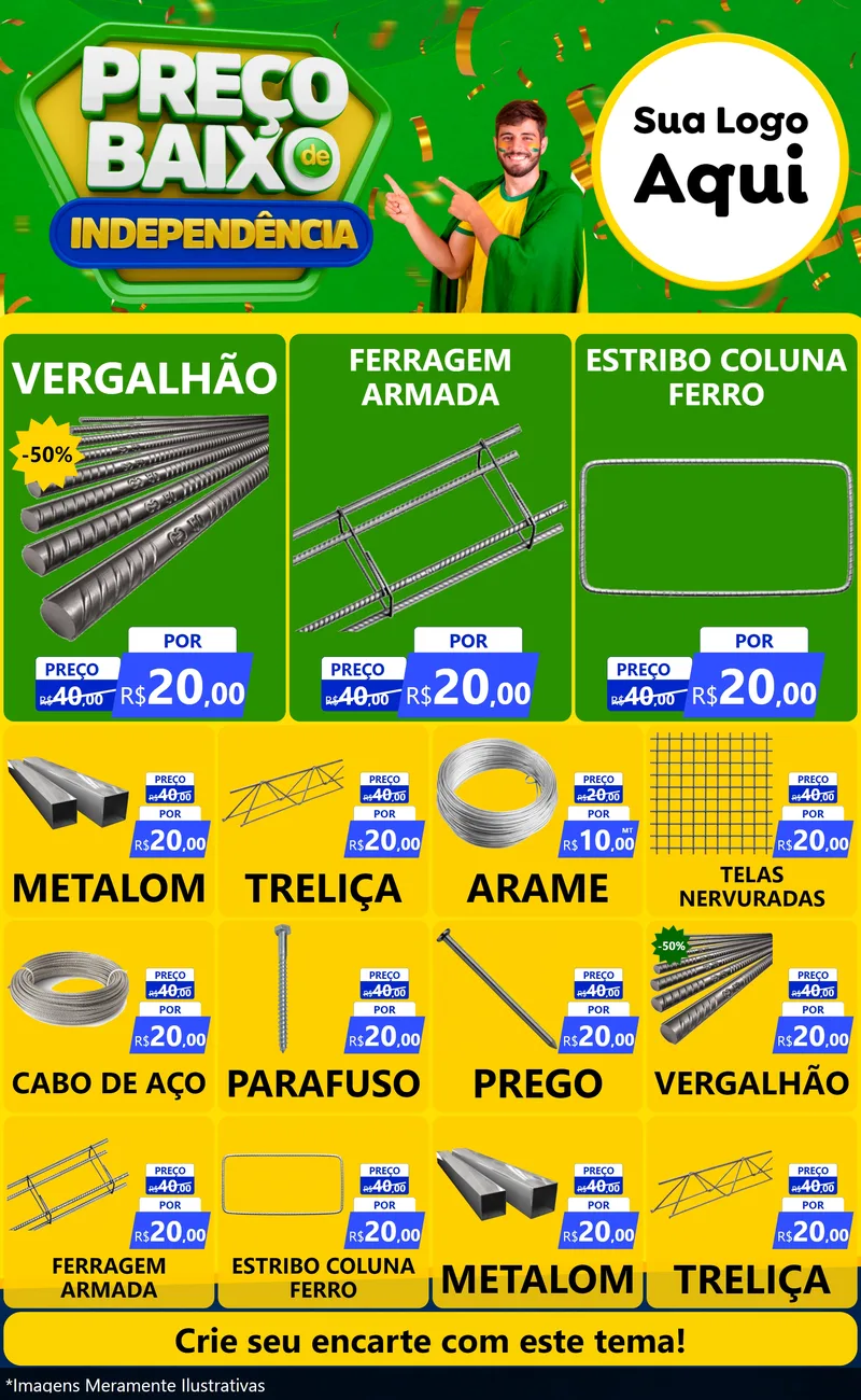 Modelo de Encarte para Encarte Grande com o tema Preço Baixo de Independência para Ferragens