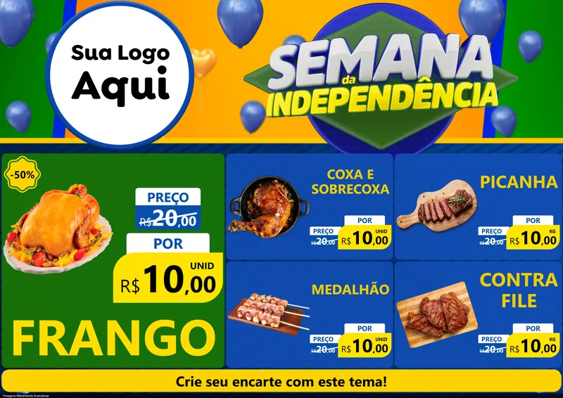 Modelo de Encarte para Encarte A4 Horizontal com o tema Semana da Independência para Assados