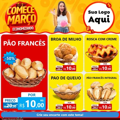 Modelo de Rede Social para Feed Facebook com o tema Comece Março Economizando para Padaria