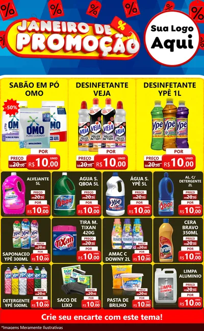 Modelo de Encarte para Encarte Grande com o tema Janeiro de Promoção para Produtos de Limpeza