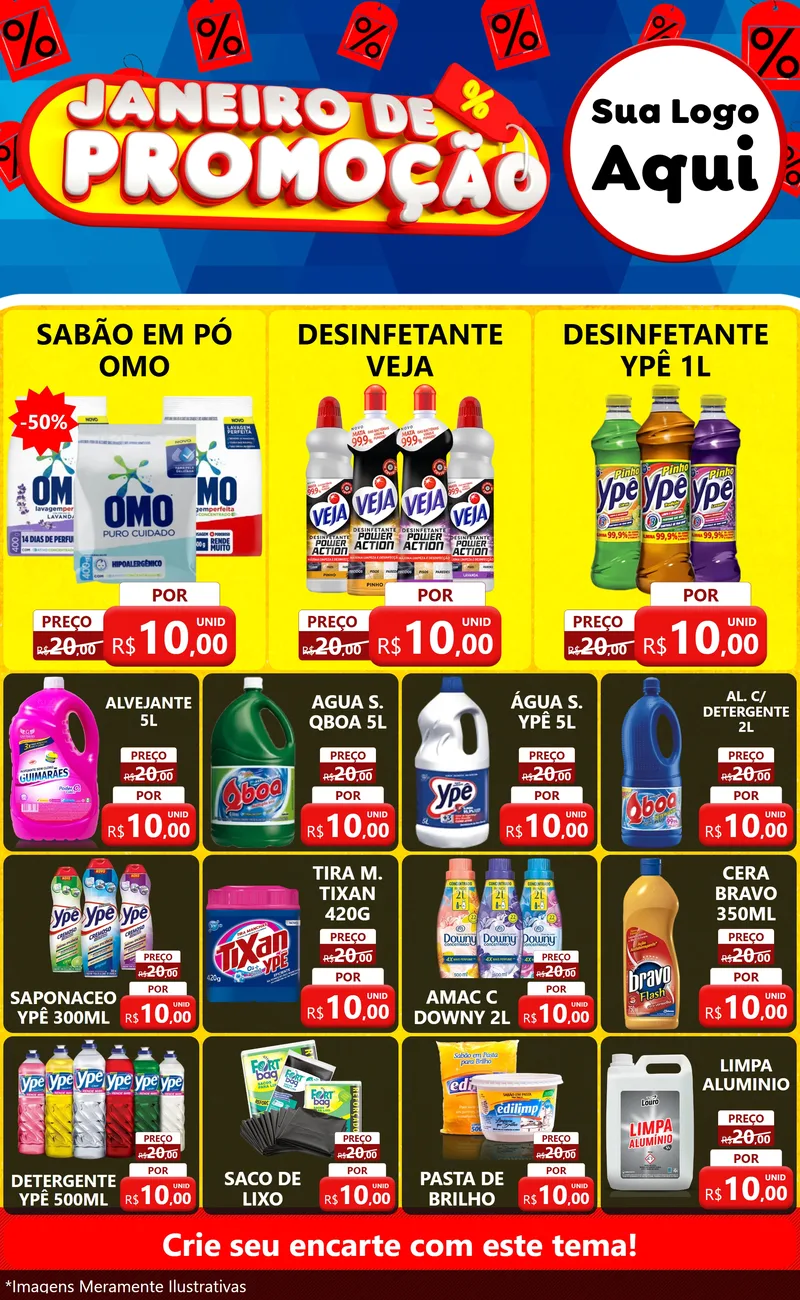 Modelo de Encarte para Encarte Grande com o tema Janeiro de Promoção para Produtos de Limpeza