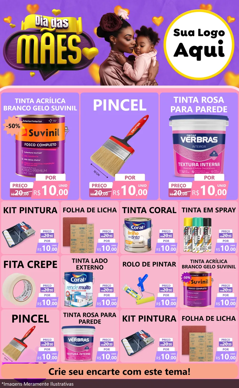 Modelo de Encarte para Encarte Grande com o tema Dia das Mães para Tintas e Ferramentas