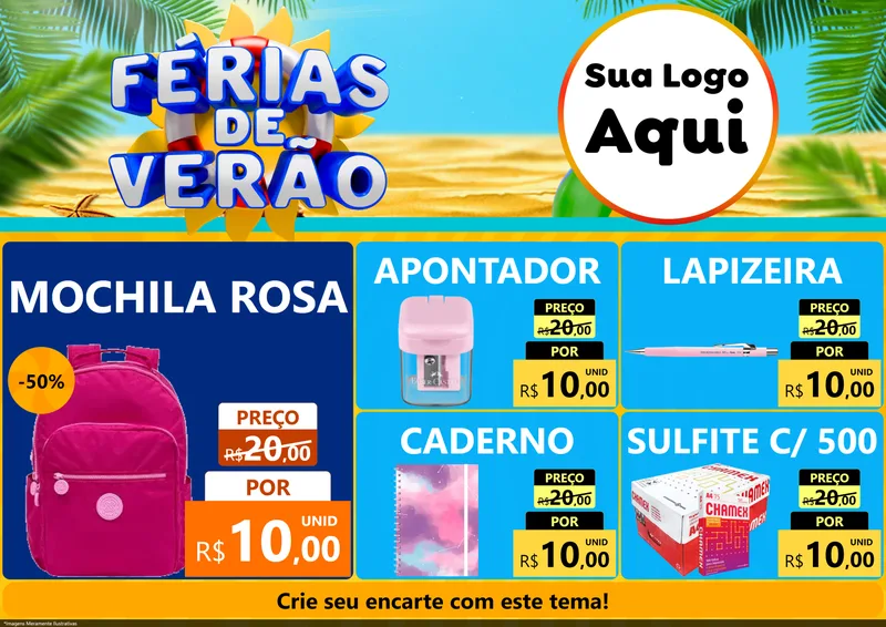 Modelo de Encarte para Encarte A4 Horizontal com o tema Férias de Verão para Papelaria