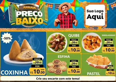 Modelo de Encarte para Encarte A4 Horizontal com o tema Arraiá de Preço Baixo - Junina para Salgadaria