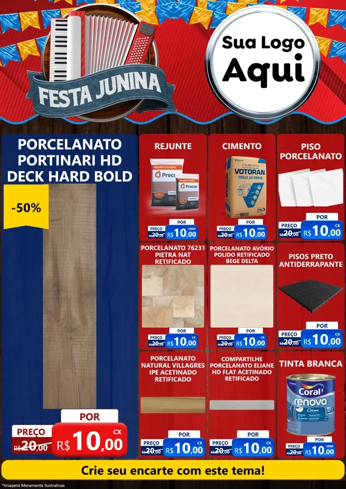 Modelo de Encarte para Encarte A4 Vertical com o tema Festa Junina para Pisos e revestimentos