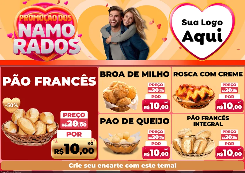 Modelo de Encarte para Encarte A4 Horizontal com o tema Promoção dos Namorados para Padaria