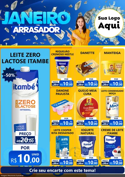 Modelo de Encarte para Encarte A4 Vertical com o tema Janeiro Arrasador para Frios e Laticínios