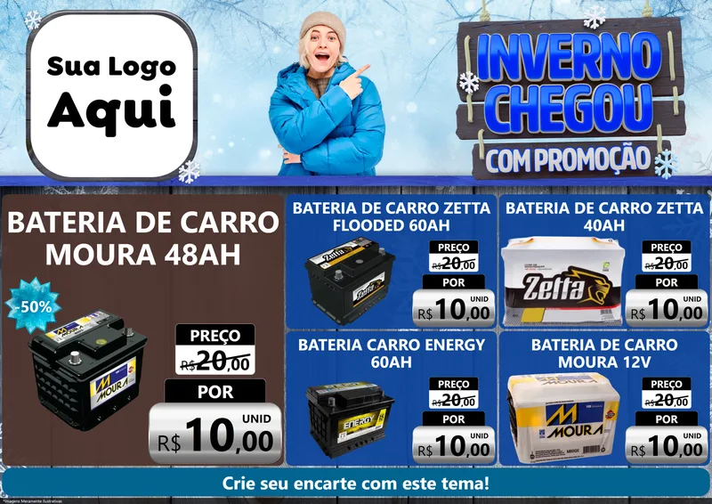 Modelo de Encarte para Encarte A4 Horizontal com o tema Inverno Chegou Com Promoção para Baterias Elétricas