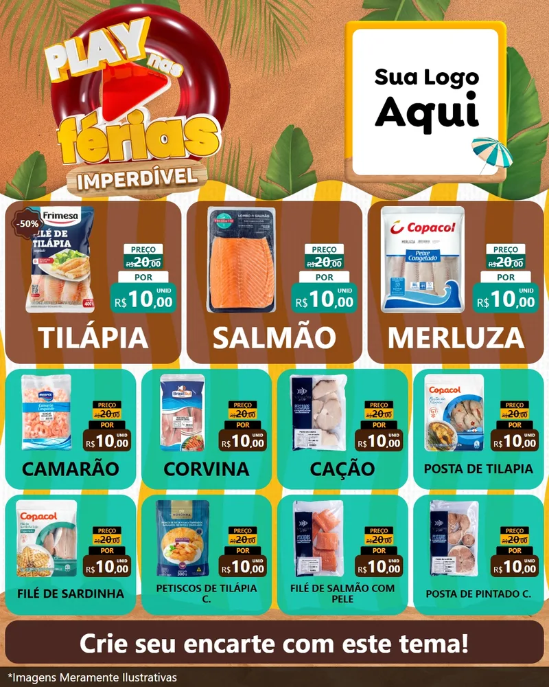 Modelo de Rede Social para Feed Instagram com o tema Play Nas Férias Imperdível para Peixaria
