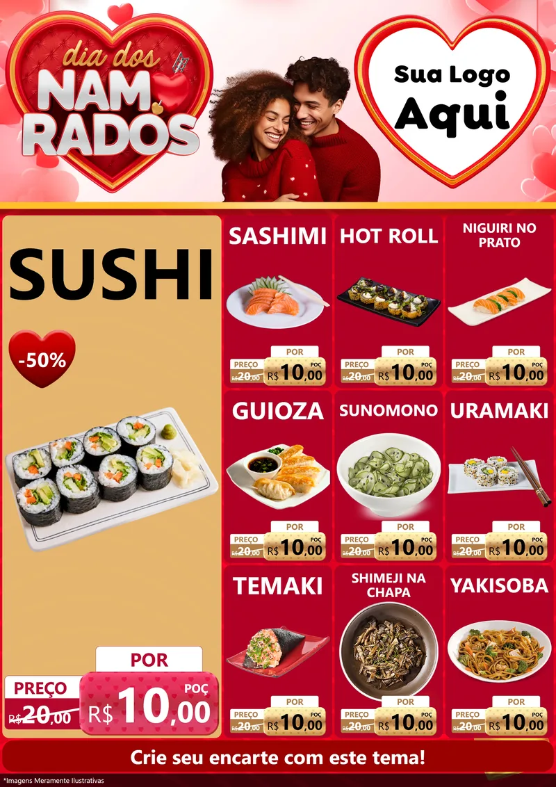 Modelo de Encarte para Encarte A4 Vertical com o tema Dia dos Namorados para Comida japonesa