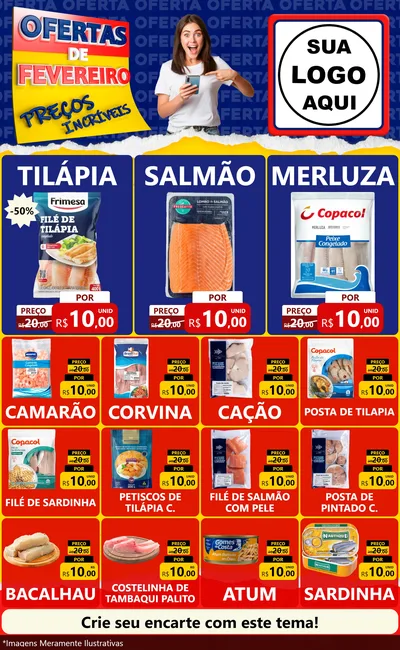 Modelo de Encarte para Encarte Grande com o tema Ofertas de Fevereiro - Preços Incríveis para Peixaria