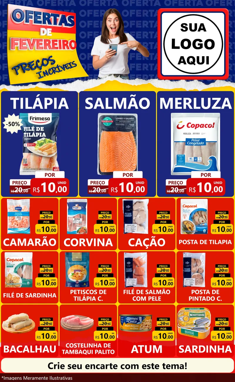 Modelo de Encarte para Encarte Grande com o tema Ofertas de Fevereiro - Preços Incríveis para Peixaria