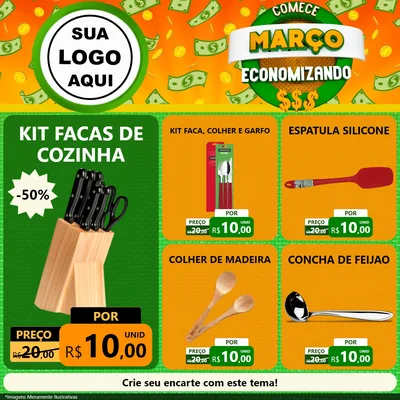 Modelo de Rede Social para Feed Facebook com o tema Comece Março Economizando para Utilidades Domésticas