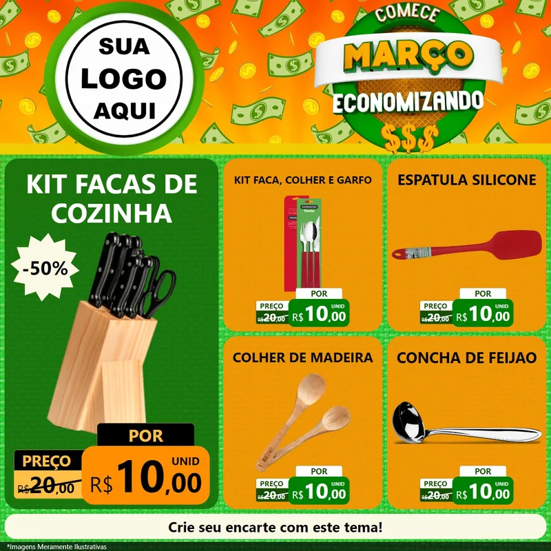 Modelo de Rede Social para Feed Facebook com o tema Comece Março Economizando para Utilidades Domésticas