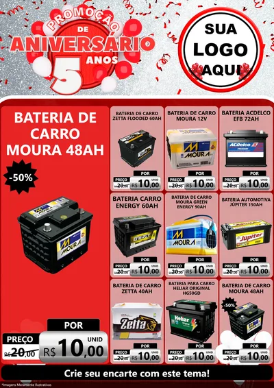 Modelo de Encarte para Encarte A4 Vertical com o tema Promoção de Aniversário - 5 Anos para Baterias Elétricas