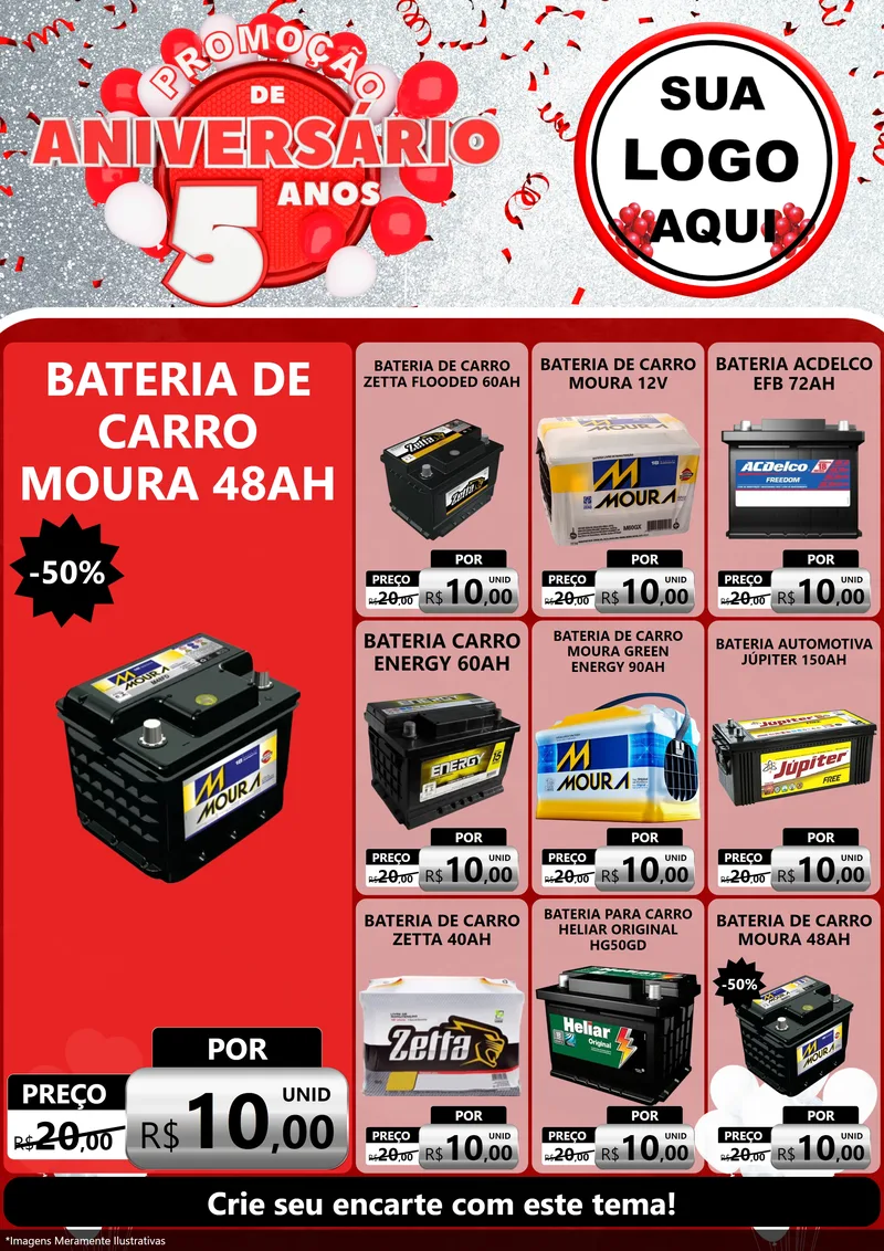 Modelo de Encarte para Encarte A4 Vertical com o tema Promoção de Aniversário - 5 Anos para Baterias Elétricas