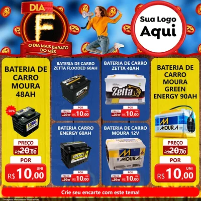 Modelo de Rede Social para Feed Facebook com o tema Dia F - O Dia Mais Barato Do Mês para Baterias Elétricas
