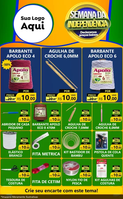 Modelo de Encarte para Encarte Grande com o tema Semana da Independência Declaramos Preços Baixos para Armarinho e Aviamentos