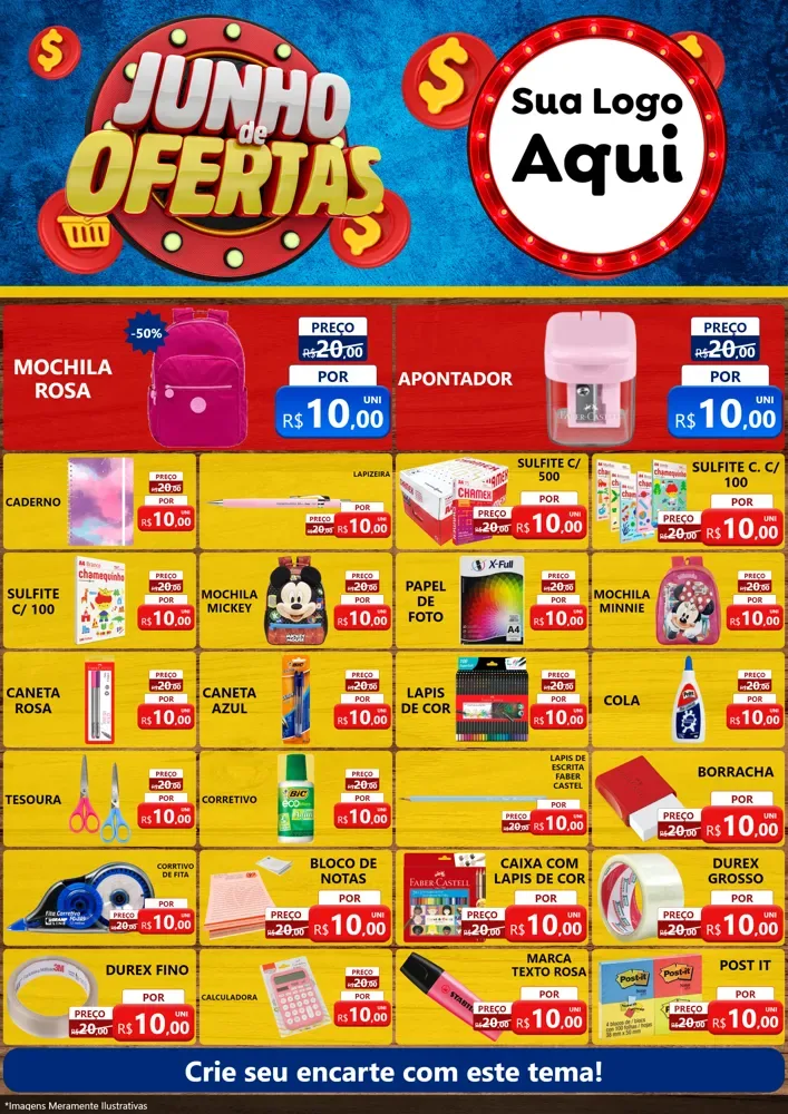 Modelo de Encarte para Encarte A4 Vertical com o tema Junho de Ofertas para Papelaria