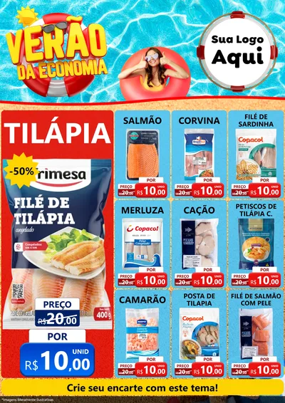 Modelo de Encarte para Encarte A4 Vertical com o tema Verão da Economia para Peixaria
