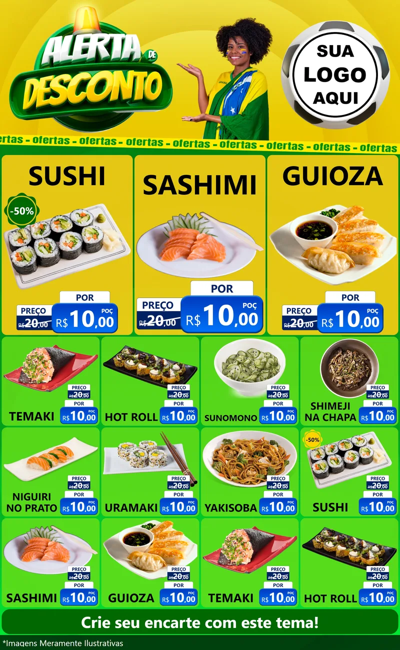 Modelo de Encarte para Encarte Grande com o tema Alerta de Desconto para Comida japonesa